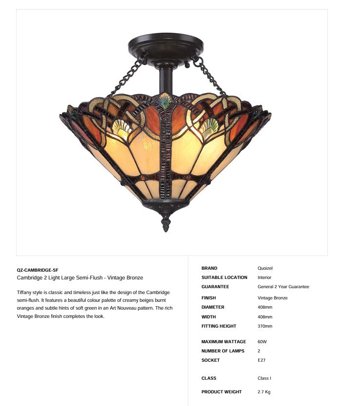 Cambridge 2 Light Large Semi Flush Mount (Tiffany - Style)