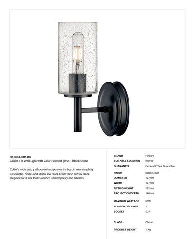 Collier 1 L Wandlampe mit klarem Kernglas – Schwarzoxid & Heritage Brass (Bronze)