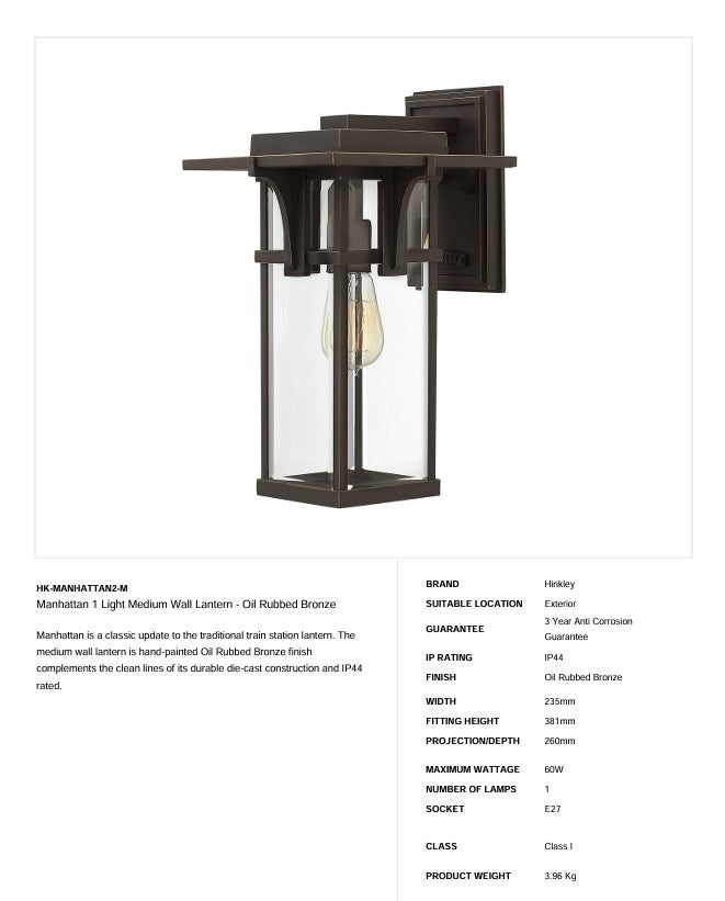 Manhattan 1 Leichte mittelgroße Wandlaterne - Ölgeriebene Bronze - Clicklights Shop