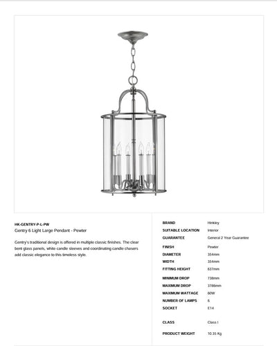 Gentry 6 Light Große Pendelleuchte - Zinn - Clicklights Shop