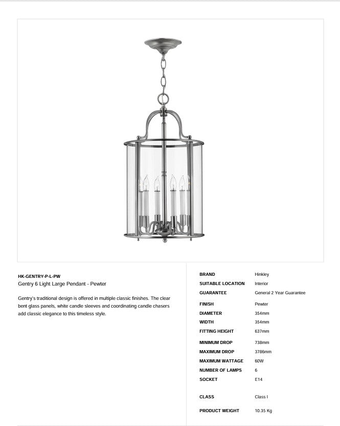 Gentry 6 Light Große Pendelleuchte - Zinn - Clicklights Shop