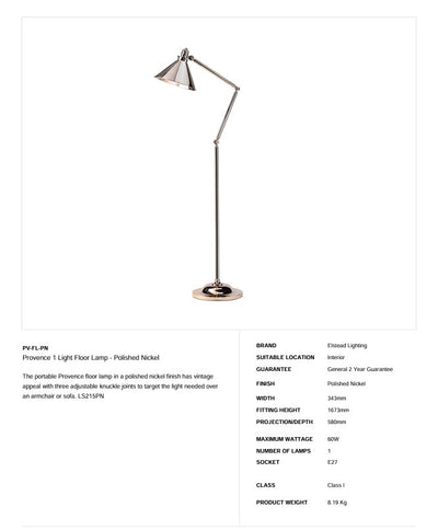 Provence 1 Light Floor Lamp - Polished Nickel - Clicklights Shop