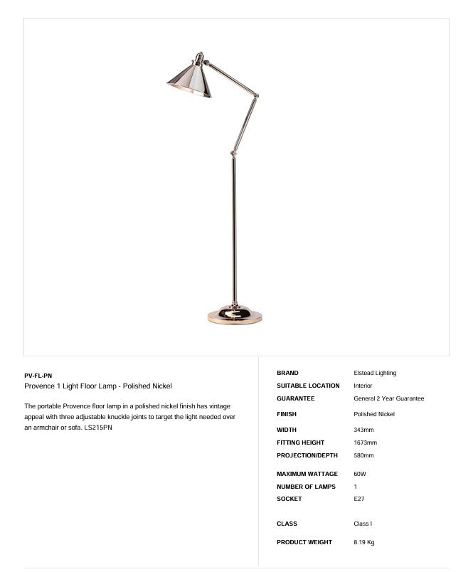 Provence 1 Light Floor Lamp - Polished Nickel - Clicklights Shop