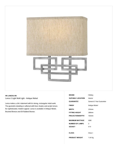 Lanza 2 Light Wandleuchte - Antikes Nickel - Clicklights Shop