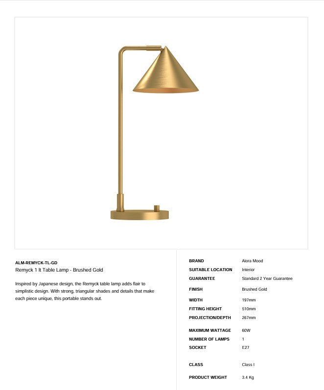 Remyck 1 lt Tischleuchte - Gold gebürstet oder Mattschwarz (Neuheit)