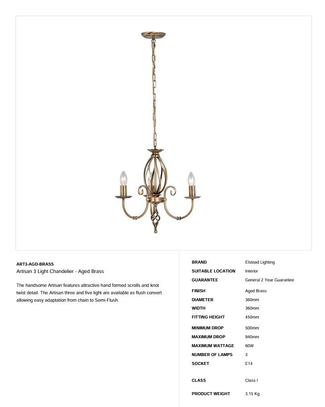 Artisan 3 Lichter Kronleuchter - Messing gealtert - Clicklights Shop