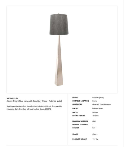 Ascent 1 Light Stehleuchte mit dunkelgrauem Schirm - Nickel poliert (Neuheit)