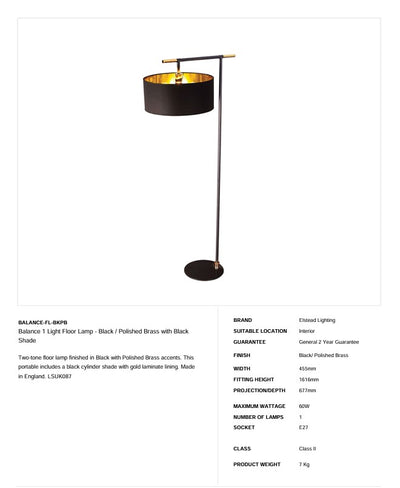 Balance 1 Light Stehleuchte - Schwarz / Messing poliert mit schwarzem Schirm / Weiß mit Nickel / Braun mit Messing