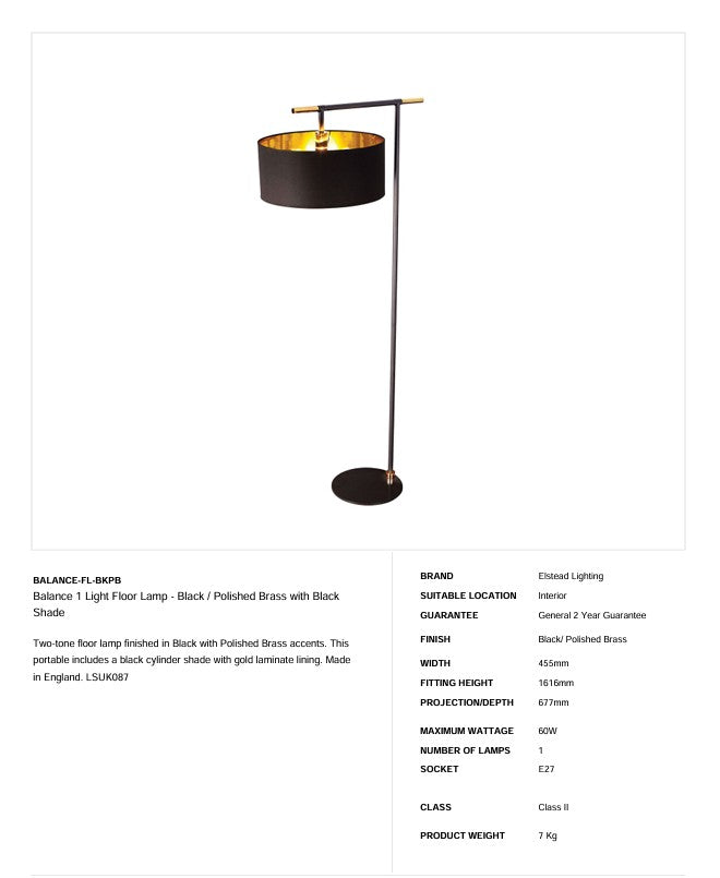Balance 1 Light Stehleuchte - Schwarz / Messing poliert mit schwarzem Schirm / Weiß mit Nickel / Braun mit Messing