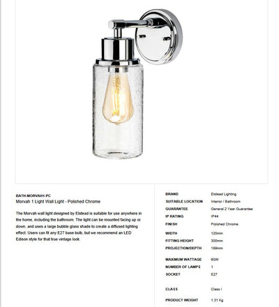 Morvah 1 Light Wall Light - Polished Chrome - Clicklights Shop