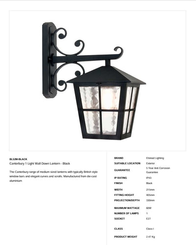 Canterbury 1 Light Wall Down Laterne - Schwarz - Clicklights Shop