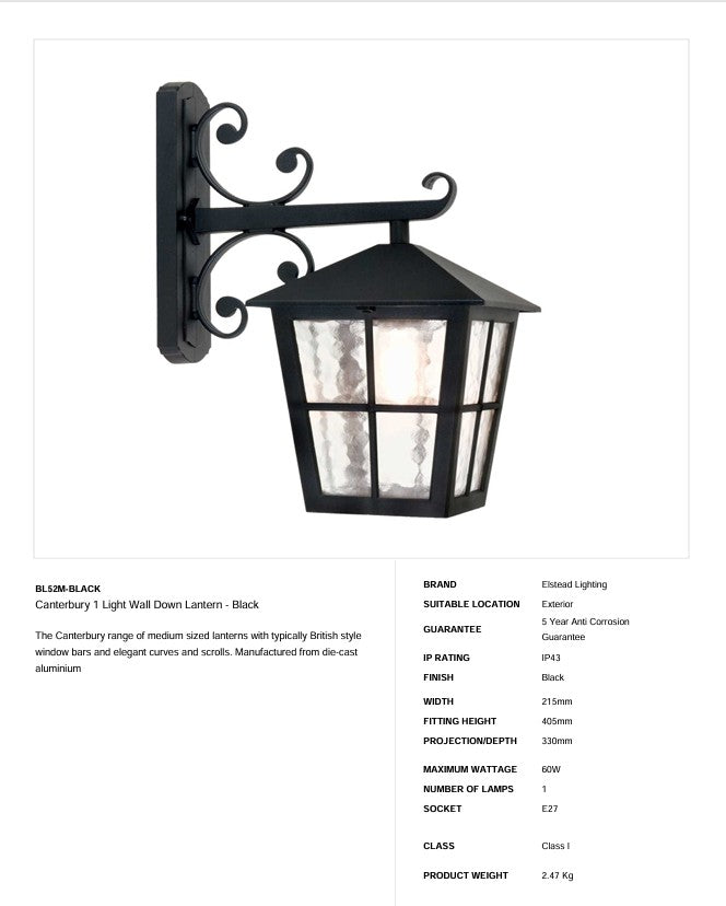 Canterbury 1 Light Wall Down Laterne - Schwarz - Clicklights Shop