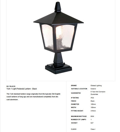 York 1 Light Pedestal Lantern - Clicklights Shop