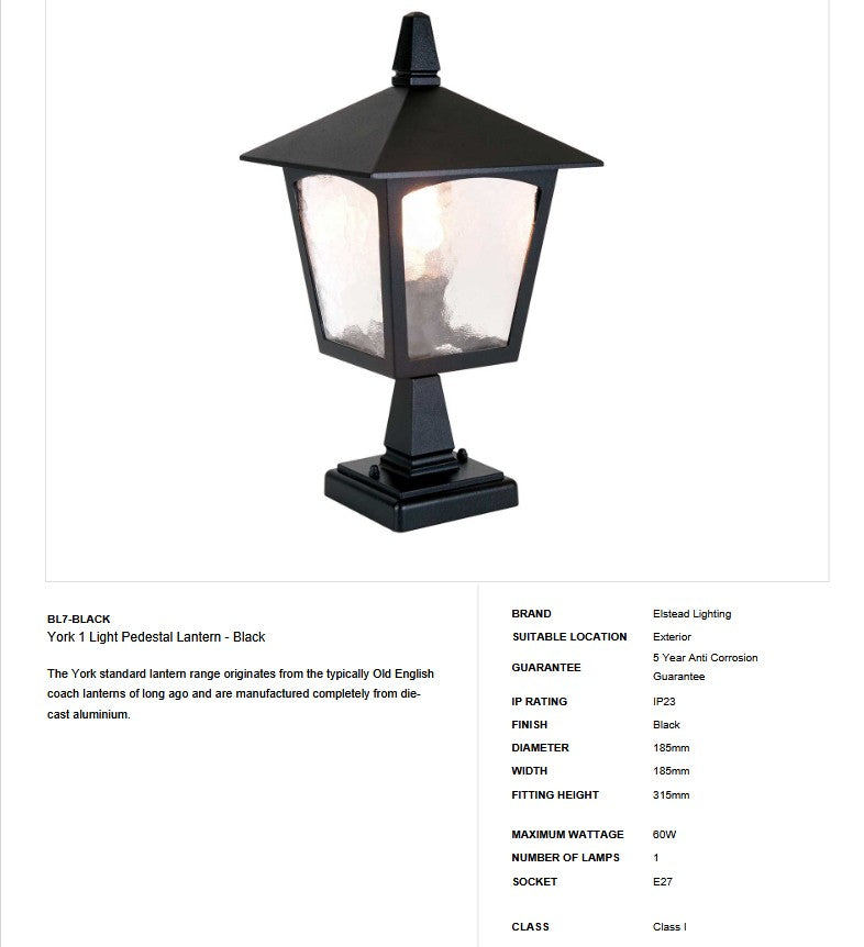 York 1 Light Pedestal Lantern - Clicklights Shop