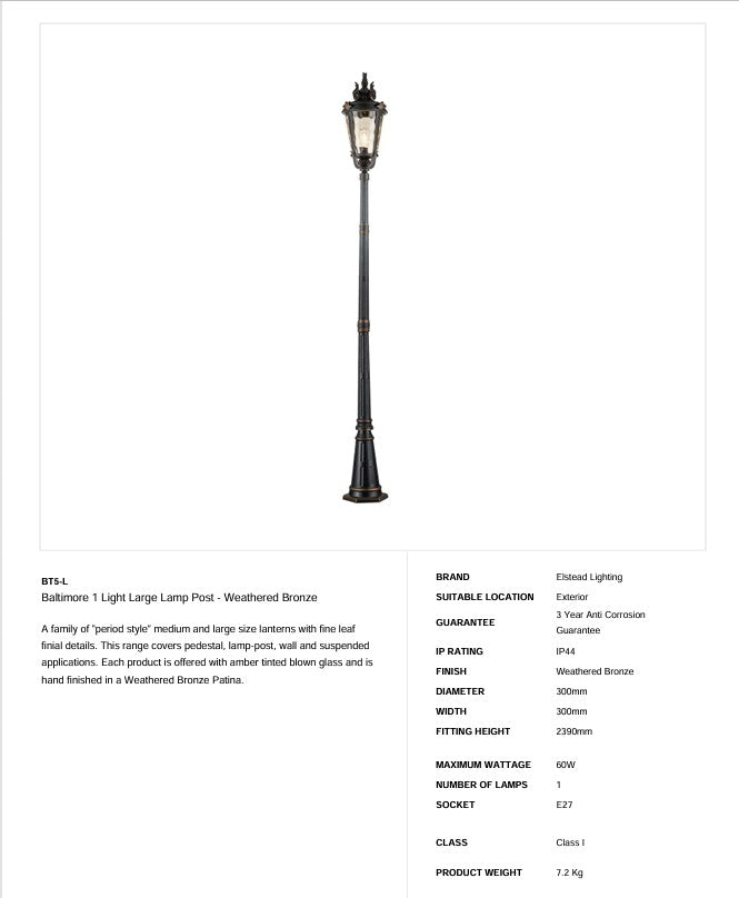 Baltimore 1 Licht großer Laternenpfahl - verwitterte Bronze - Clicklights Shop