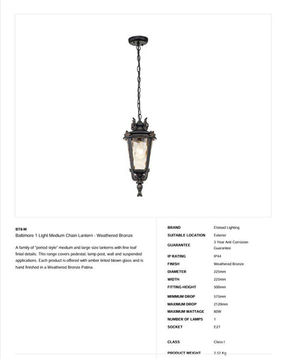 Baltimore 1 Light Medium Kette Laterne - Verwitterte Bronze - Clicklights Shop