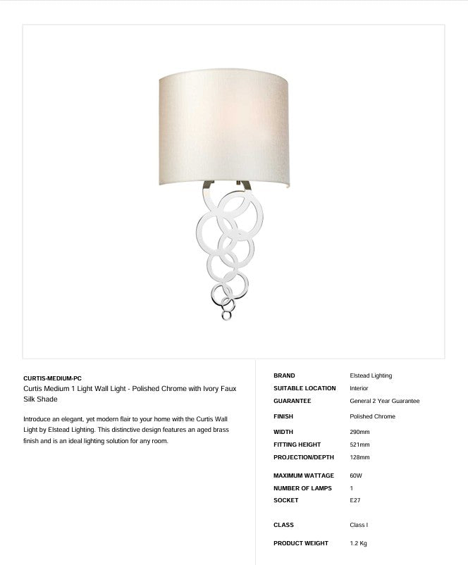 Curtis Medium 1 Light Wandleuchte - Poliertes Chrom oder Messing gealtert mit elfenbeinfarbenem Schirm aus Kunstseide (Neuheit)