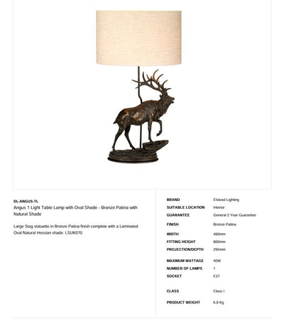Angus 1 Light Tischleuchte mit ovalem Schirm - Bronze Patina mit natürlichem Schirm