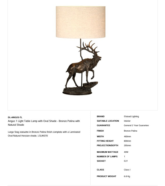 Angus 1 Light Tischleuchte mit ovalem Schirm - Bronze Patina mit natürlichem Schirm