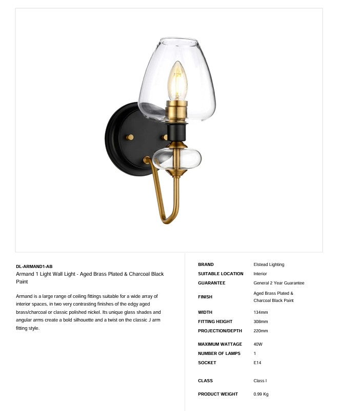 Armand 1 Light Wandleuchte - Gealtertes Messing plattiert & Anthrazitschwarz lackiert