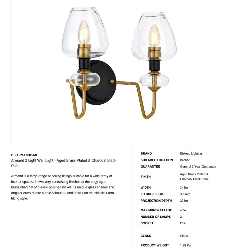 Armand 2 Light Wandleuchte - Gealtertes Messing plattiert & Anthrazitschwarz lackiert - Clicklights Shop