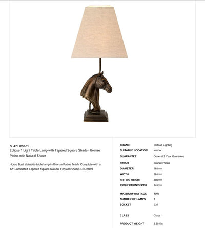 Eclipse 1 Light Tischleuchte (Pferdebüste) mit konischem quadratischem Schirm - Bronze Patina mit natürlichem Schirm