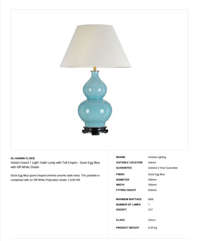 Harbin Gourd 1 Light Tischleuchte mit hohem Empire - Entenei Blau mit cremefarbenem Schirm (Neuheit)