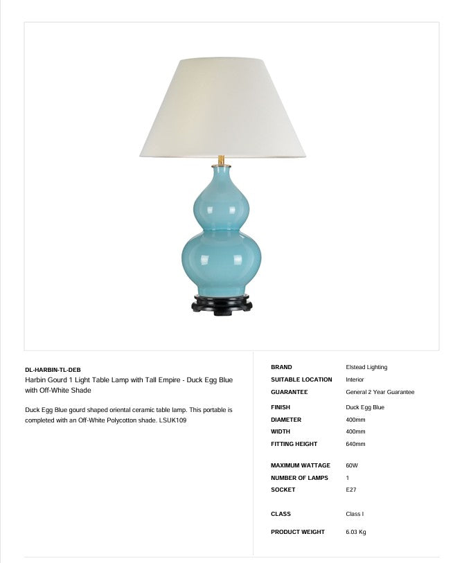 Harbin Gourd 1 Light Tischleuchte mit hohem Empire - Entenei Blau mit cremefarbenem Schirm (Neuheit)