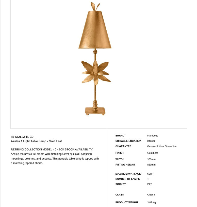 Azalea 1 Light Tischleuchte - Blattgold (ABVERKAUF)