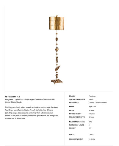 Fragment 1 Light Stehleuchte - Gealtertes Gold mit Blattgold und Umbraglasur Schirm - Clicklights Shop