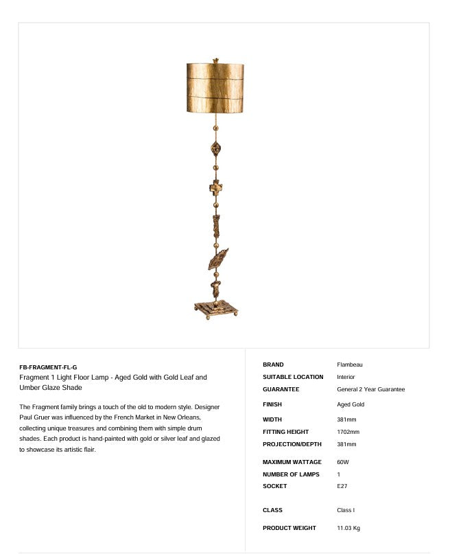Fragment 1 Light Stehleuchte - Gealtertes Gold mit Blattgold und Umbraglasur Schirm - Clicklights Shop