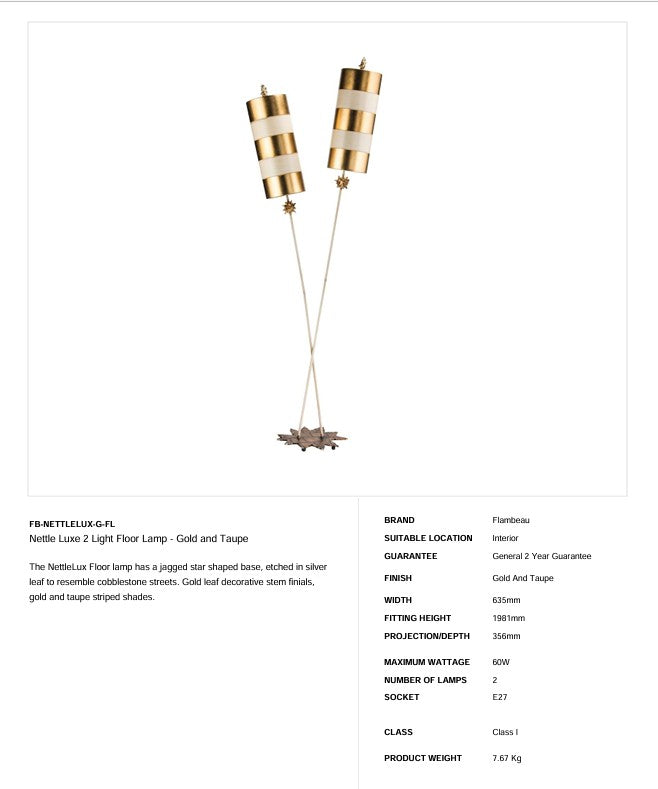 Nettle Luxe 2 Light Stehleuchte - Gold und Taupe - Clicklights Shop