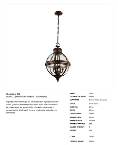 Adams 3 Licht Pendelleuchte Kronleuchter - Britische Bronze