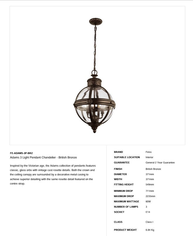 Adams 3 Licht Pendelleuchte Kronleuchter - Britische Bronze