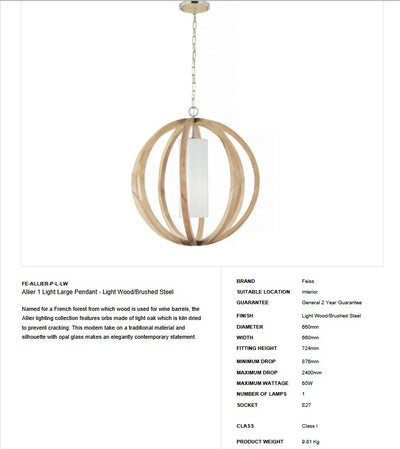 Allier 1 helle große Deckenlampe mit Holz und gebürsteten Stahl - Clicklights Shop