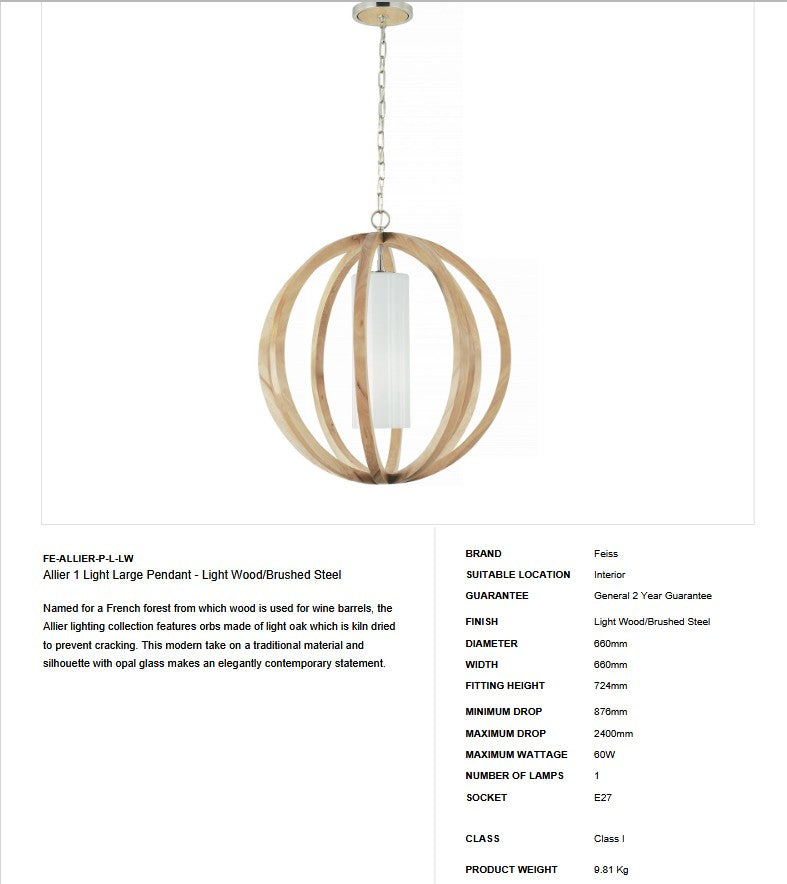 Allier 1 helle große Deckenlampe mit Holz und gebürsteten Stahl - Clicklights Shop