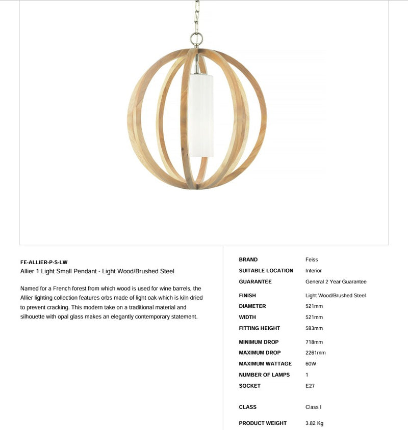 Allier 1 Light Small Pendelleuchte - Helles Holz/Stahl gebürstet