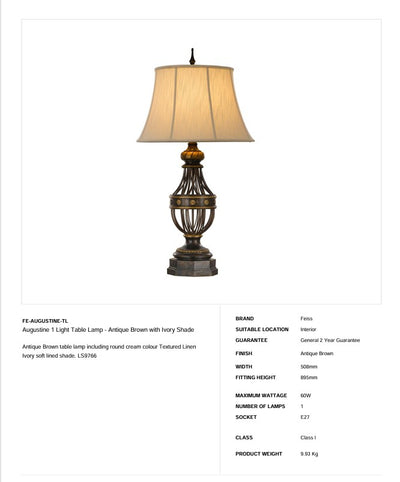 Augustine 1 Light Tischleuchte - Antikbraun mit Elfenbeinschirm - Clicklights Shop