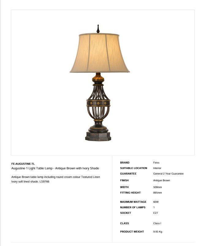 Augustine 1 Light Tischleuchte - Antikbraun mit Elfenbeinschirm - Clicklights Shop