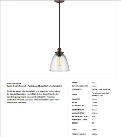 Baskin 1 Light Pendant - Aged Brass/Dark Weathered Zinc - Clicklights Shop