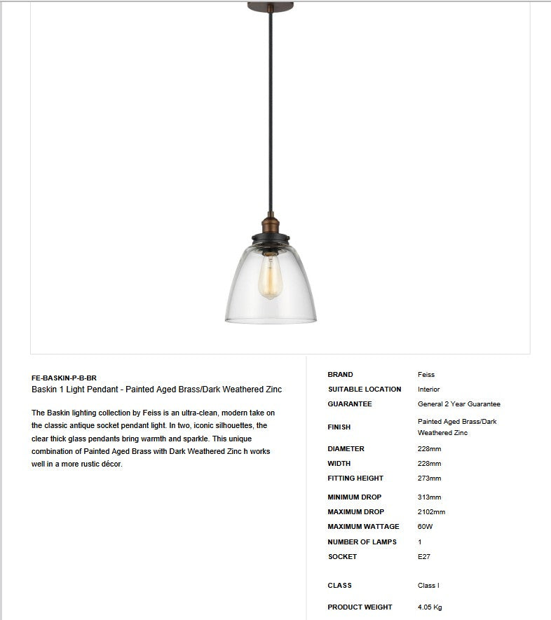 Baskin 1 Light Pendant - Aged Brass/Dark Weathered Zinc - Clicklights Shop