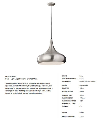 Beso 1 Light Large Pendant - Brushed Steel ABVERKAUF!!! - Clicklights Shop