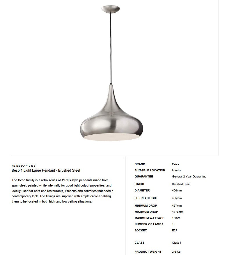 Beso 1 Light Large Pendant - Brushed Steel ABVERKAUF!!! - Clicklights Shop