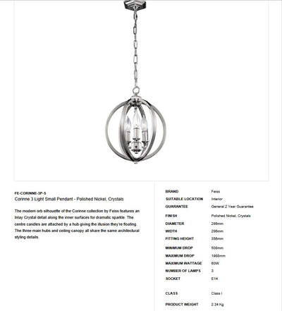 Corinne 3 Light Small Pendelleuchte - Nickel poliert, Kristalle - Clicklights Shop