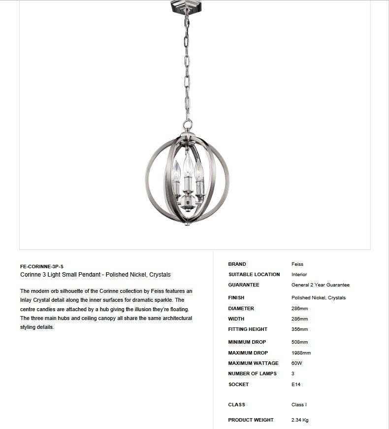 Corinne 3 Light Small Pendelleuchte - Nickel poliert, Kristalle - Clicklights Shop