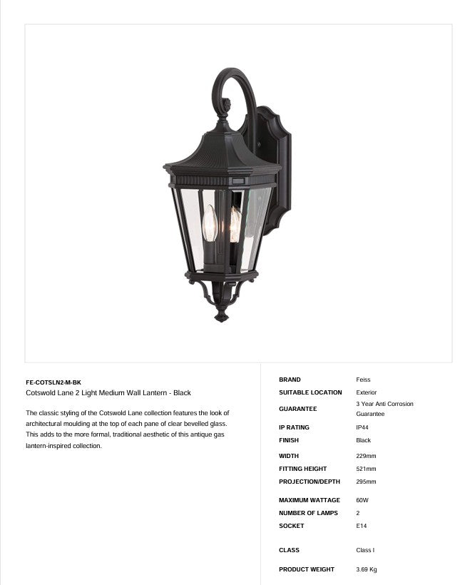 Cotswold Lane 2 Light Medium Wandlaterne - Schwarz