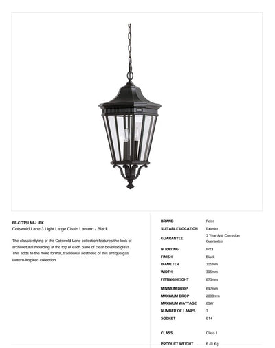Cotswold Lane 3 Light Große Kettenlaterne - Schwarz - Clicklights Shop