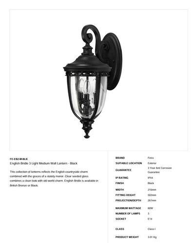 English Bridle 3 Light Medium Wandlaterne - Schwarz