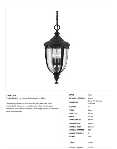 English Bridle 3 Light Large Chain Lantern - Black