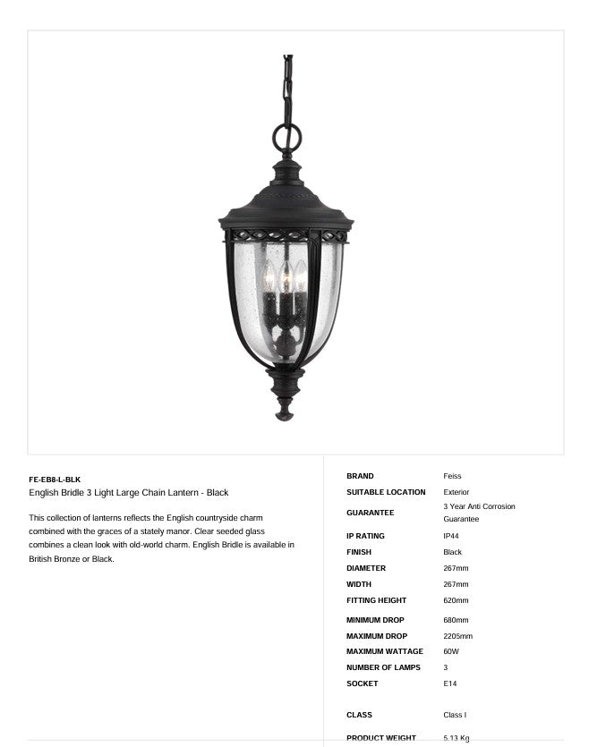 English Bridle 3 Light Large Chain Lantern - Black